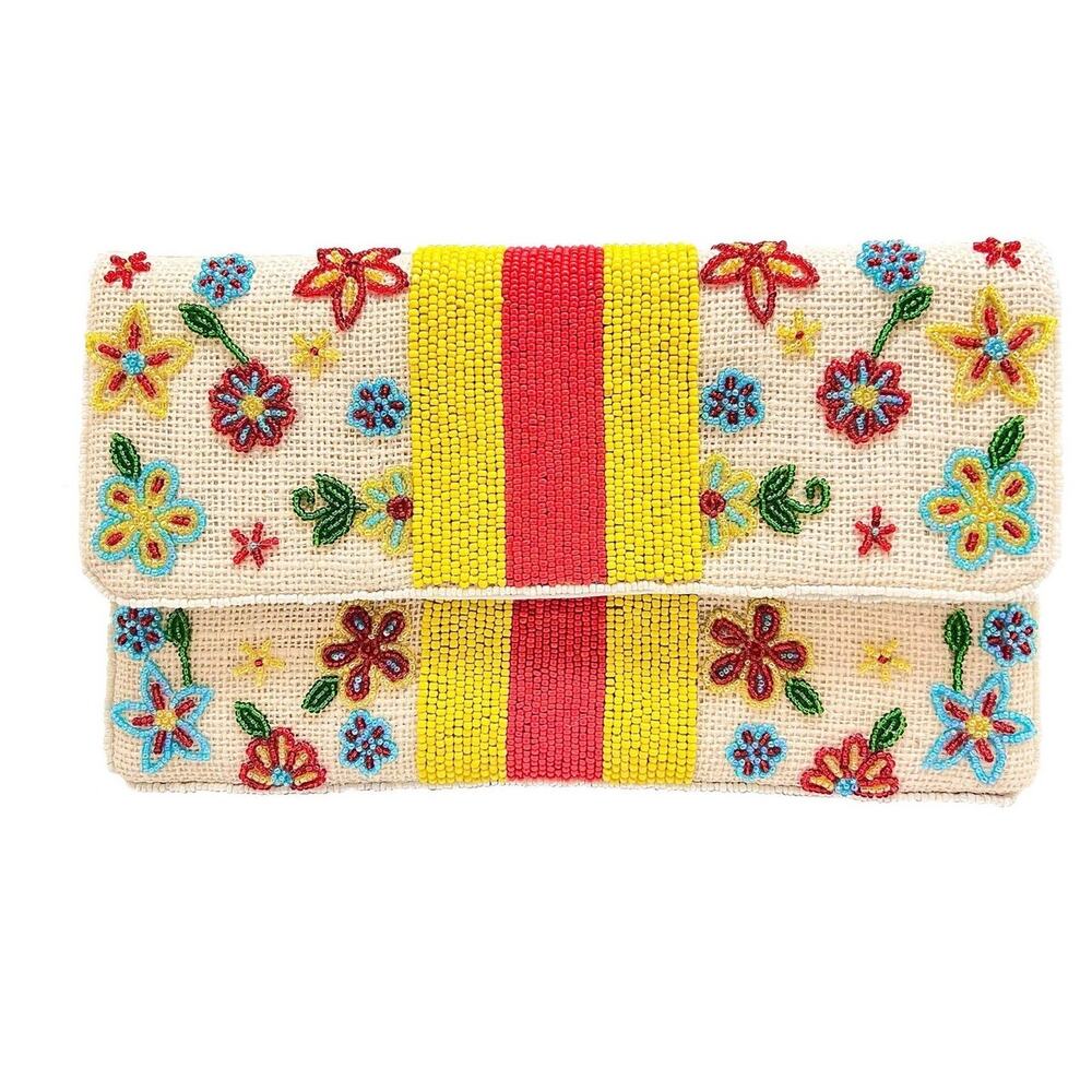 Jute Clutch with Beaded Flowers & Yellow/Red Stripe